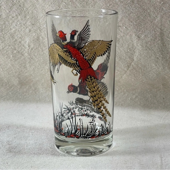 Vntg Libbey Highball Glass Red Ring Neck Pheasants Hunting Barware Game Bird - Picture 4 of 8